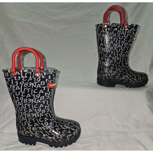 Nautica Kids’ Rain Boots – Size 5 | Alphanumeric Pattern With Red Handles - Picture 4 of 7